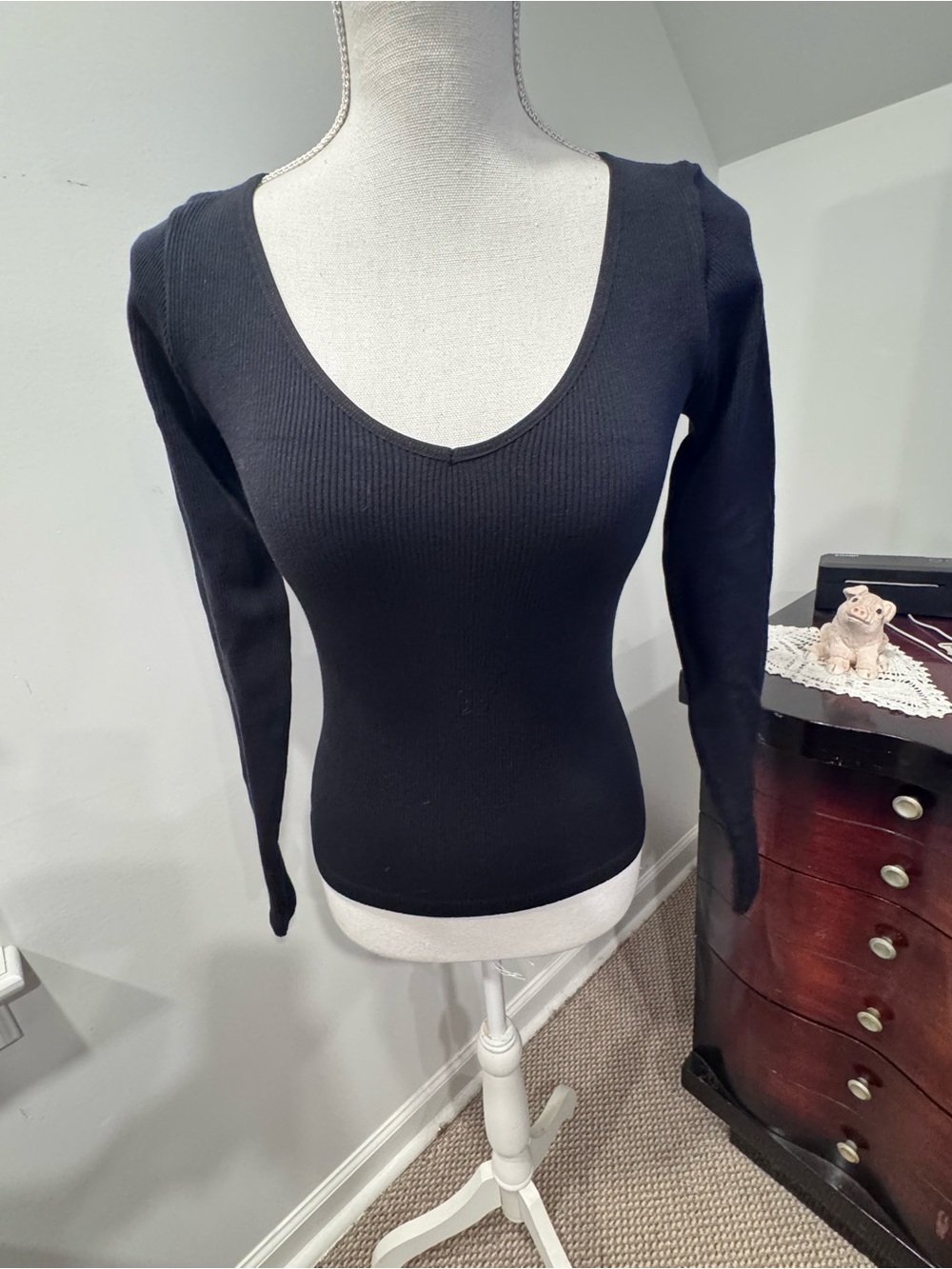 Forever 21 Black Ribbed Scoop Neck Long Sleeve Top